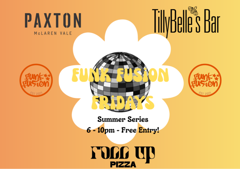 Funk Fusion Fridays at Paxton Wines — Summer Series: join us for an evening of disco and house with DJ Funk Fusion, Rocc Up Pizza and TillyBelle's Bar, running select Friday nights from 6 November through to March at Paxton Wines.